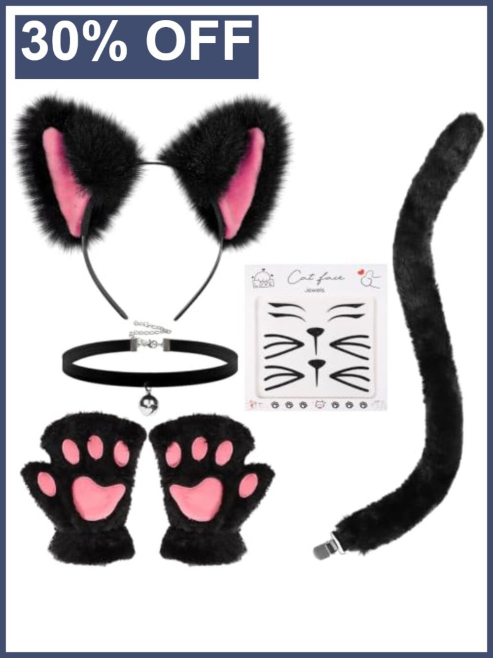 Women's 5 Piece Cat Costume Accessory Set Plush Ears Tail Gloves Collar